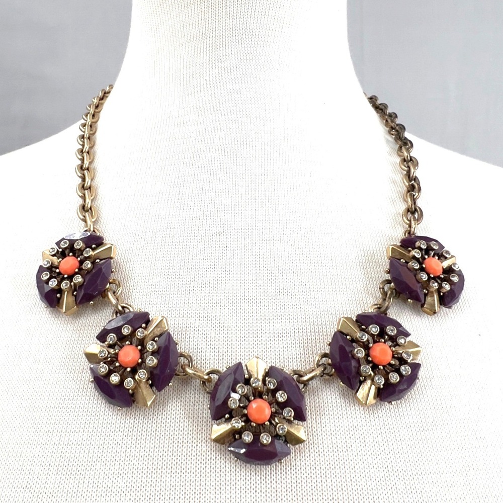 J.Crew Purple Orange Crystal Statement Necklace Floral‎ Medallion Gold Tone Bib